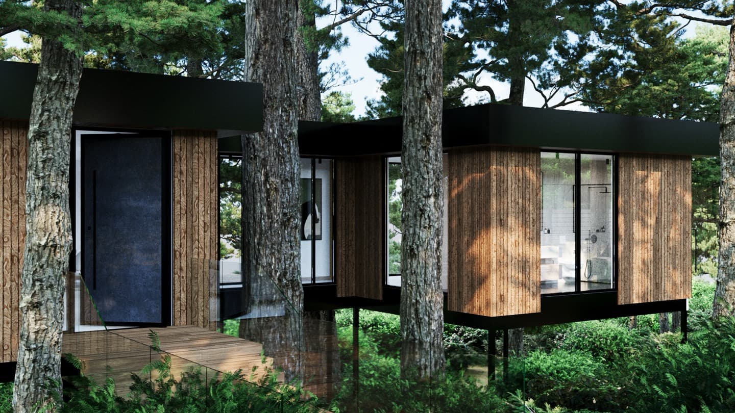 Modern residence with wood cladding nestled among tall redwood trees