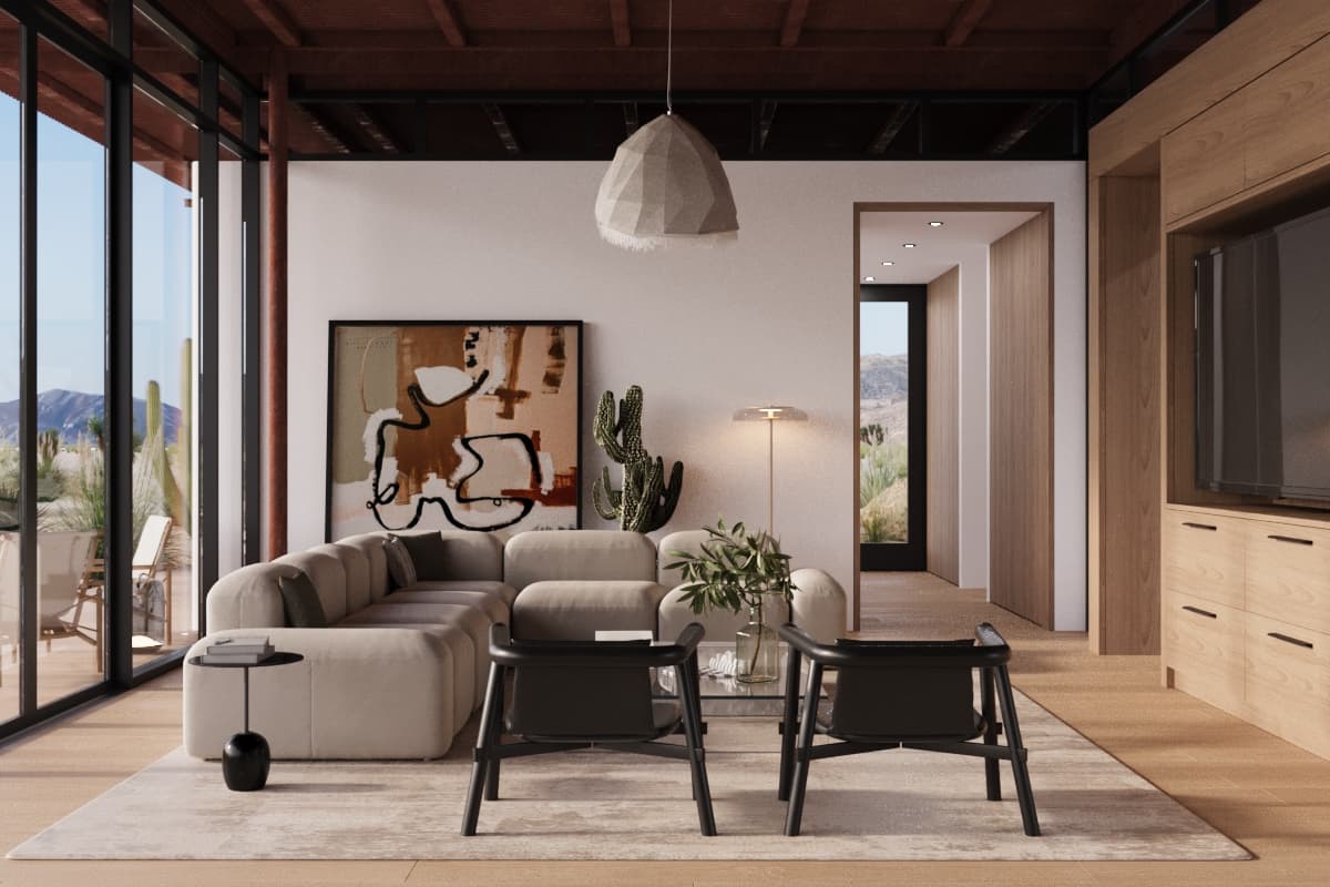Desert modern living room with floor-to-ceiling glass and high-desert landscape beyond